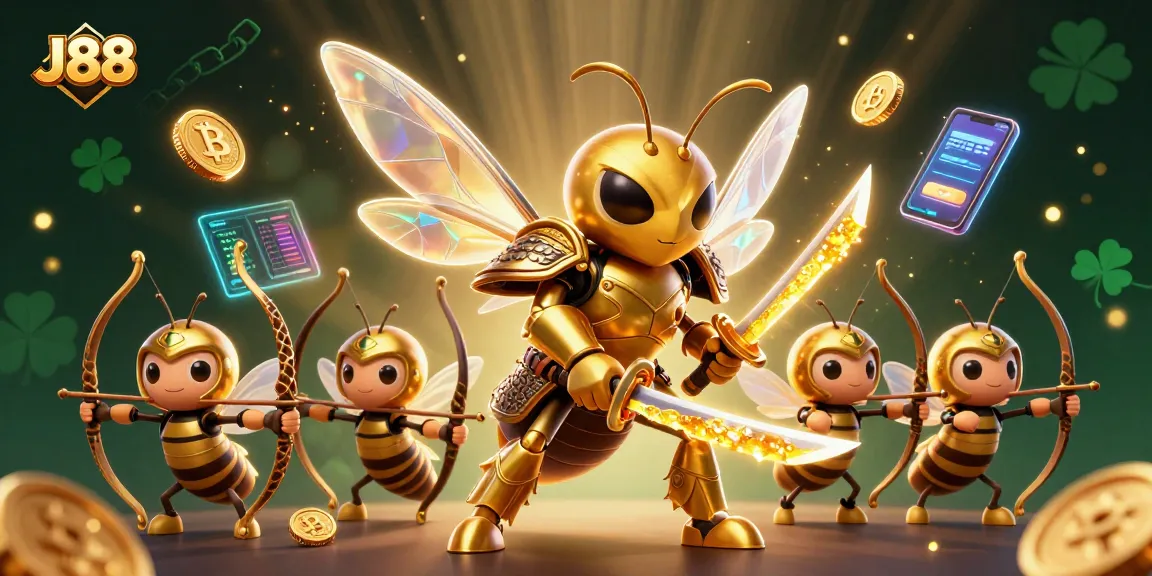 Engage in thrilling J88 casino action with a golden hornet samurai and buzzing bee archers in an intense gaming atmosphere.