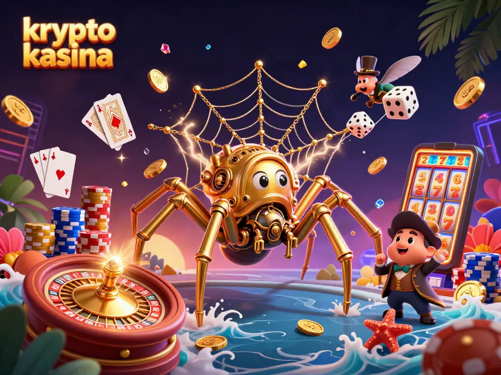 Join the excitement at krypto kasyna, where golden spider captures unlucky dice amidst a lively casino scene.