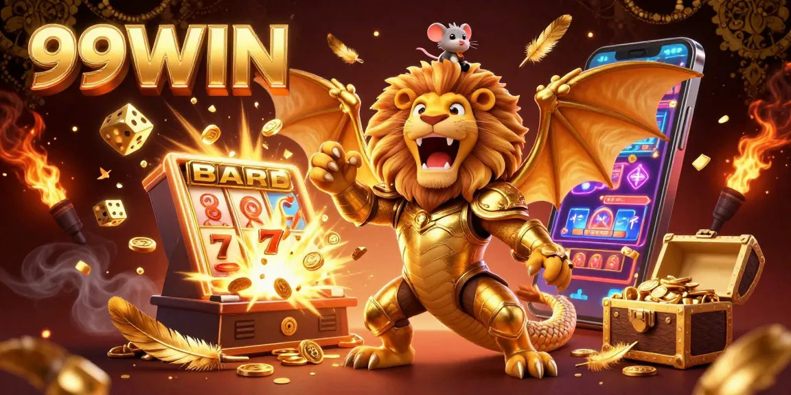 Experience the thrill of winning at 99WIN with a golden chimera and exciting casino elements bursting around!
