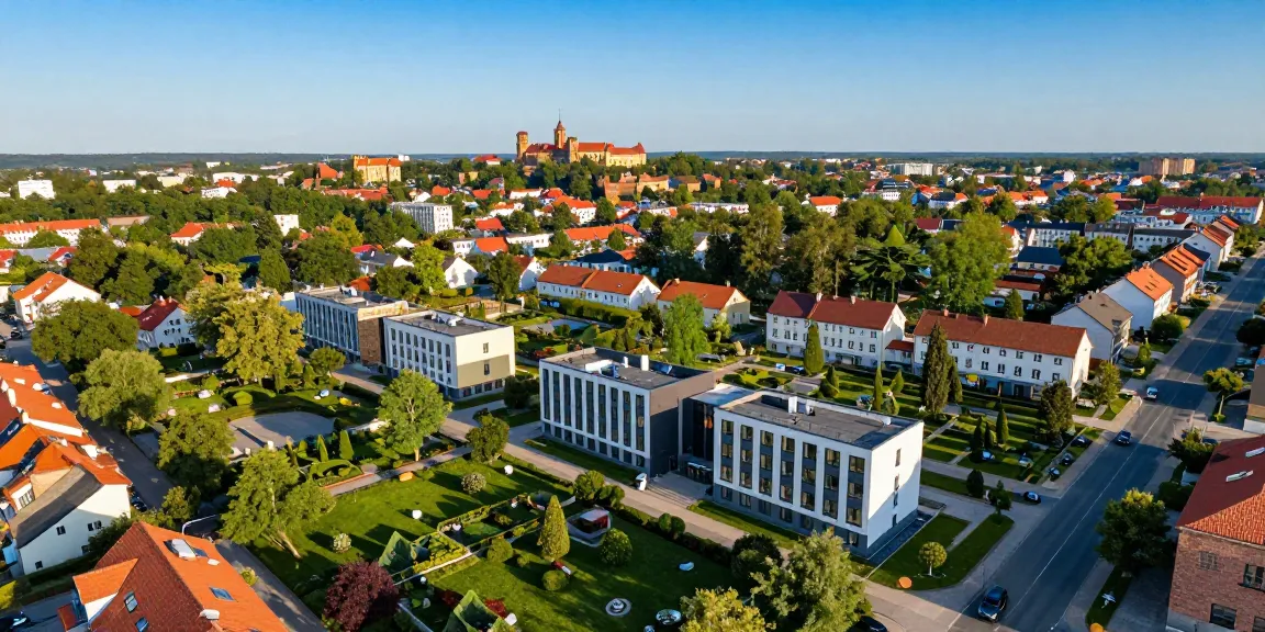 Nieruchomości z drona Olsztyn prezentujące różnorodne budynki mieszkalne w otoczeniu zieleni.