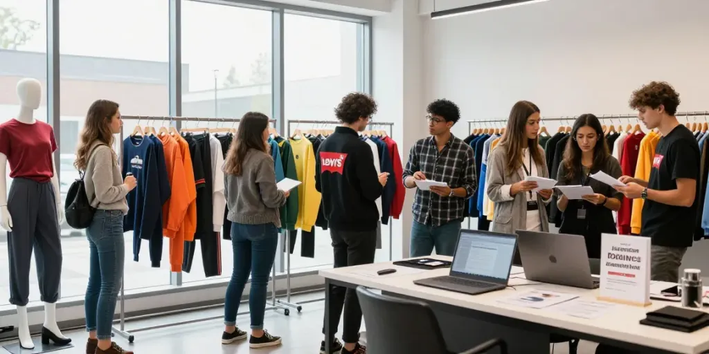 Engaging wholesale branded clothing scene showcasing hurt markowej odzieży with buyers examining vibrant apparel in a modern showroom.