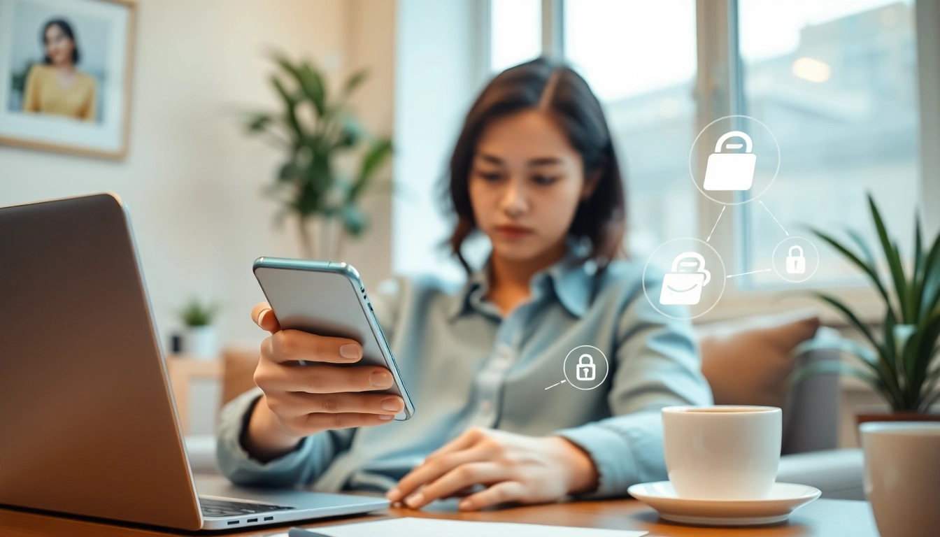 Engaging user with Potato下载 app in a modern workspace, highlighting security features.
