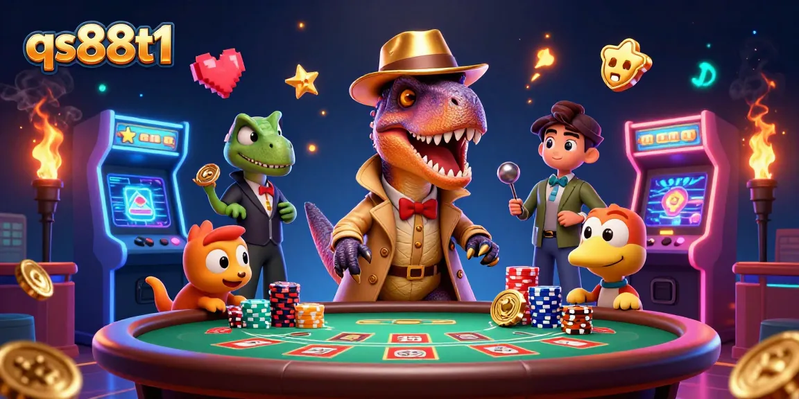 Experience the excitement of qs88t1 with a velociraptor at blackjack amidst vivid casino elements.