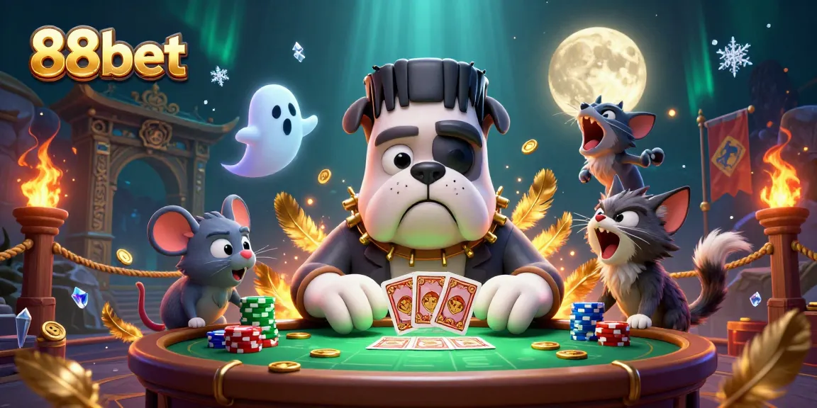 88bet's thrilling casino atmosphere depicted with a bulldog monster dealing cards and a ghost mouse.