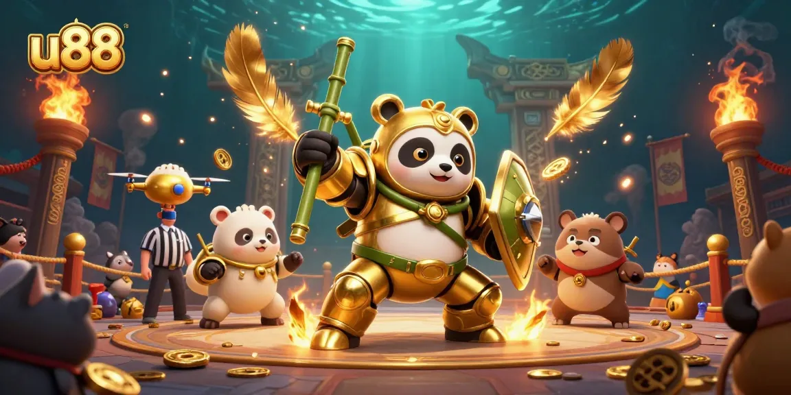 Experience thrilling action at u88 with a dynamic mech-suit panda and vibrant casino elements.