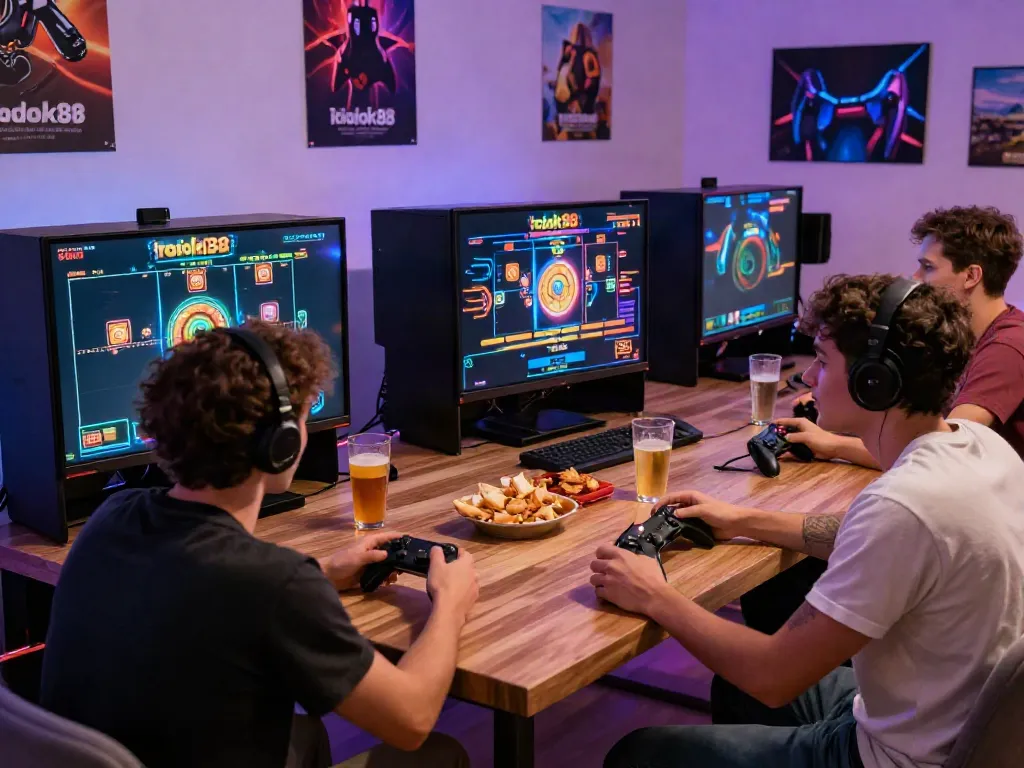 Diverse friends enjoying a thrilling rokok88 slot game together in a vibrant living room.