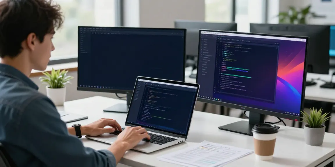 Developer configuring a VPS on a dual-monitor setup in a bright office.