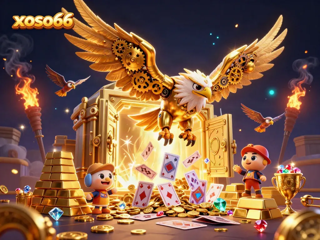 Experience thrilling animations with xoso66 as a golden eagle dives through magical holographic cards.