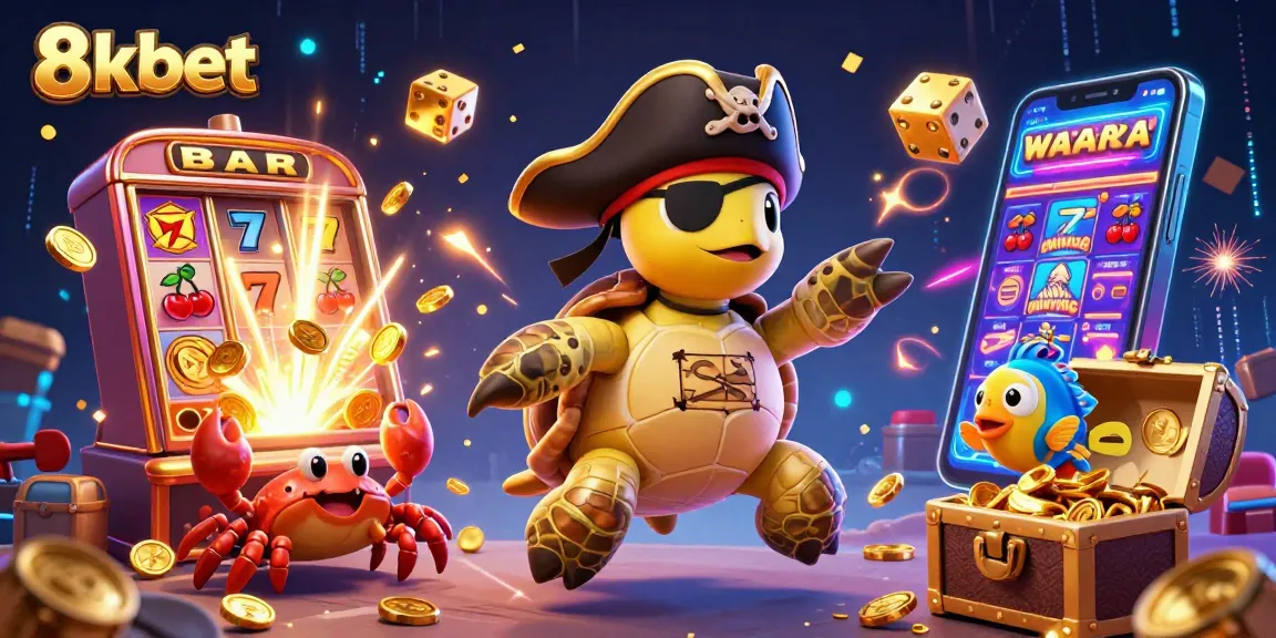 Experience the thrill of 8kbet with pirate characters revealing jackpot treasures in an immersive casino scene.
