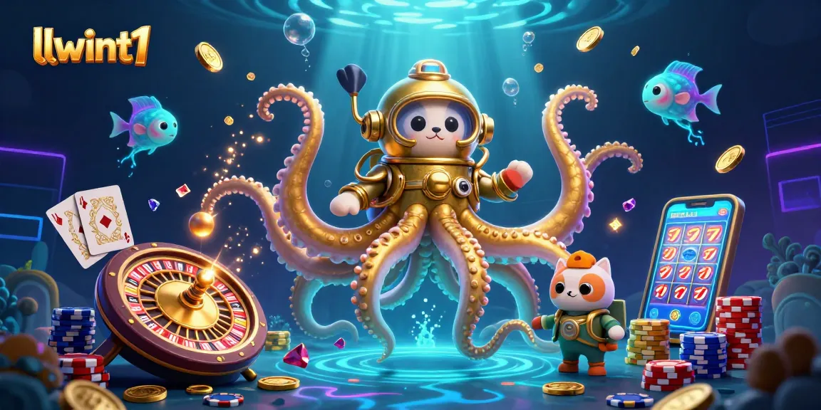 Engage with llwint1's vibrant 3D casino scene showcasing a colossal kraken, diving cat, and bioluminescent fish.