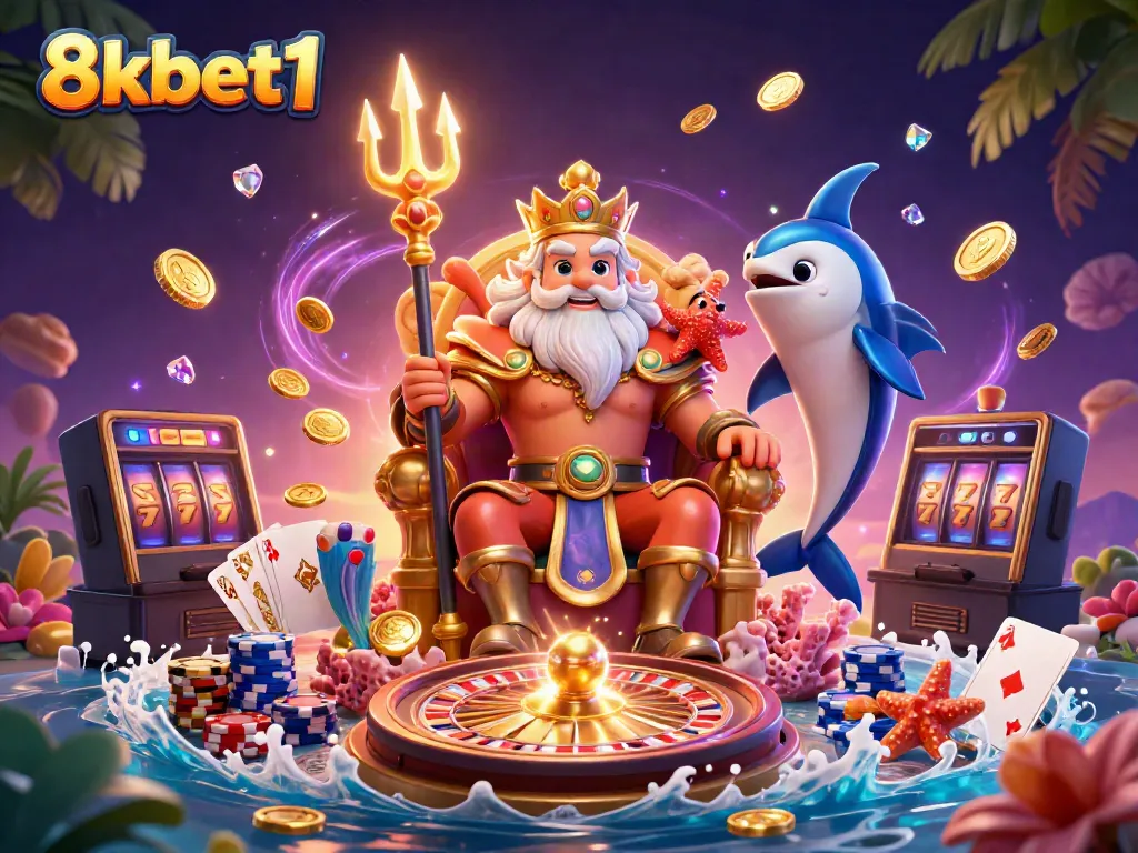 Experience casino excitement with 8xbet1's vibrant 3D illustration of Neptune and gaming elements.