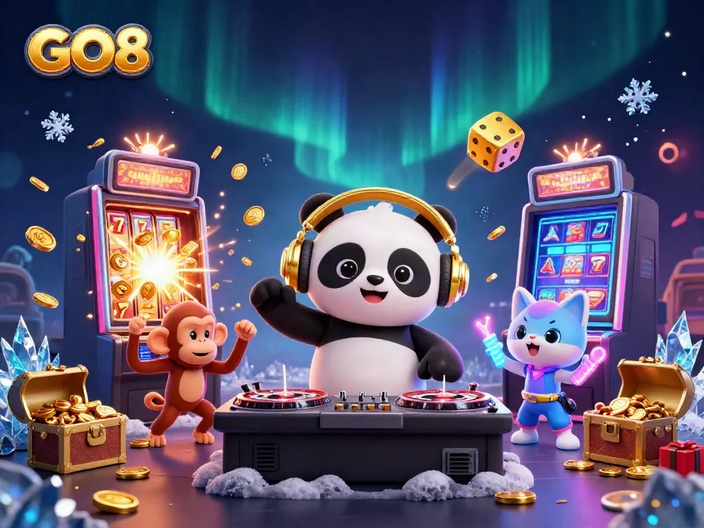 GO8 celebrates winning moments with vibrant 3D scene of a DJ panda, lively characters, and exciting casino elements.