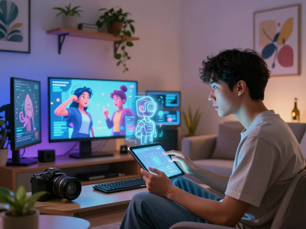 User engaging with AI character in a modern setting, showcasing crush on AI interactions and emotional connection.