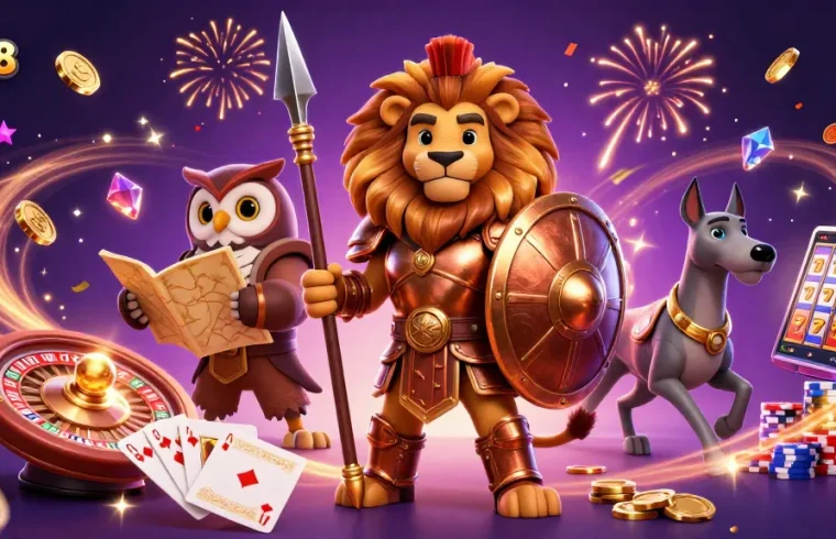 Experience mb88 excitement with vibrant casino elements celebrating victories in a dynamic 3D scene.