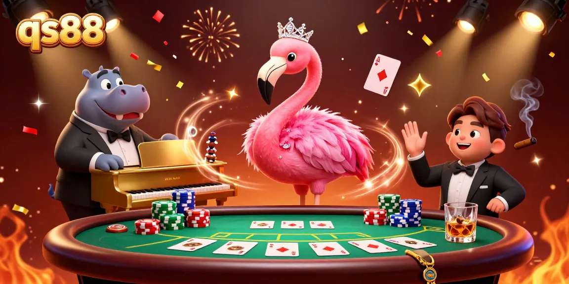 Experience qs88 excitement with a vibrant casino scene featuring a singing flamingo and hippo bassist.