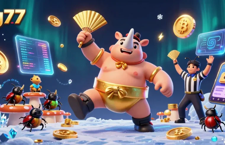 Experience thrill and excitement at gg777 with a dynamic sumo championship scene featuring flying coins and esports elements.