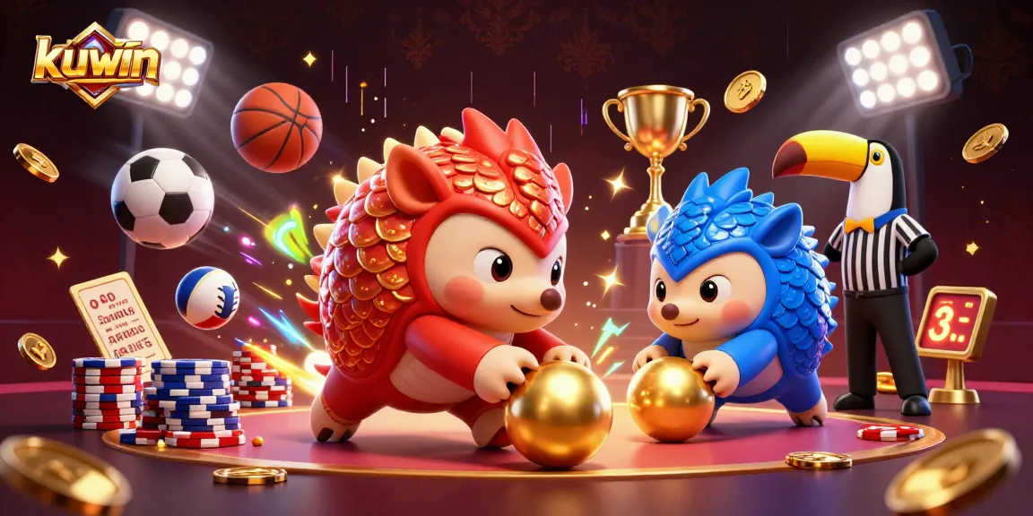 Kuwin pangolins compete in an exciting casino scene amid flying sports balls and golden trophies.