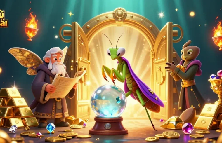 Engage with tỷ lệ nhà cái as the mantis fortune teller reveals the winning odds in a vibrant casino scene.