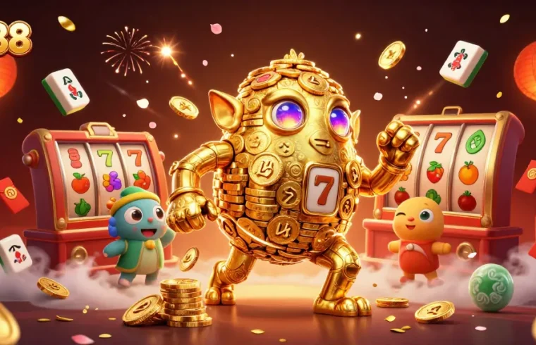 Experience the action of qs88 with a vibrant 3D cartoon illustration featuring a golden golem and slot game elements.