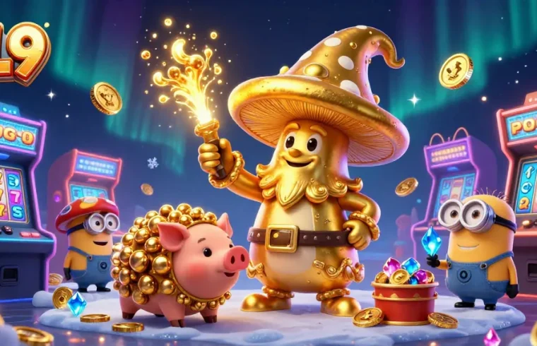 Experience the magic at JL9 with an enchanting 3D scene featuring a golden mushroom wizard and treasures, perfect for arcade and slot gaming.