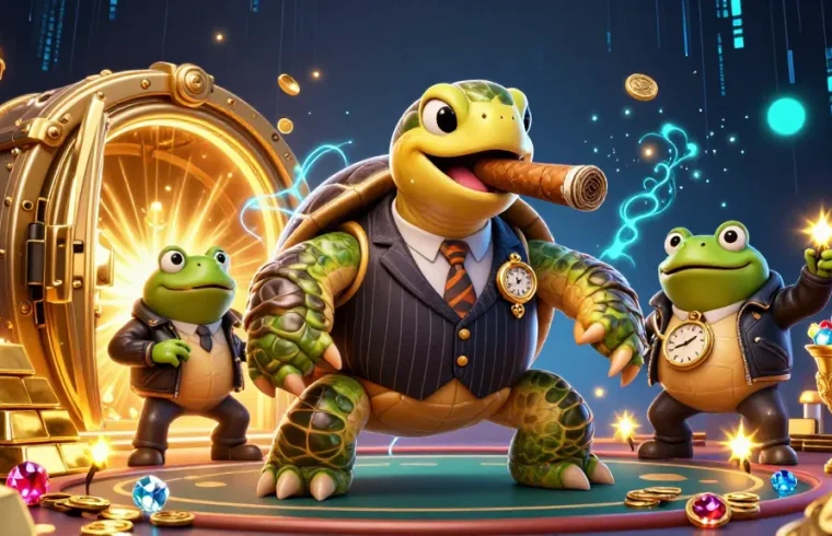 ea88 showcases a dynamic 3D scene with a mobster turtle and bullfrogs surrounded by treasures and casino lights.