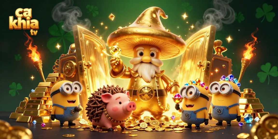 Watch ca khia tv transform magic into treasure with golden wizard, pig, and gems in vibrant scene.