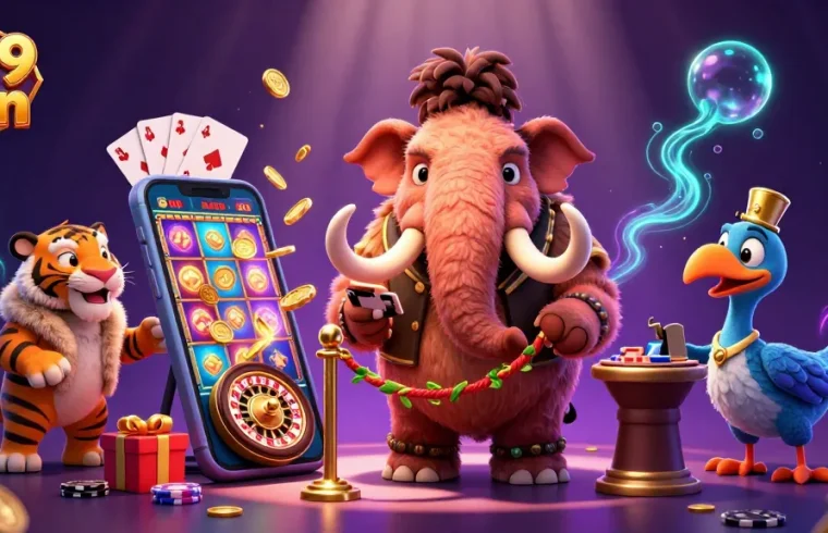 Experience the thrill of 789 win as a woolly mammoth checks IDs with vibrant casino elements.