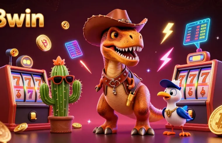 Spin the reels at 98win with a T-Rex cowboy, cactus buddy, and roadrunner in a lively 3D casino.