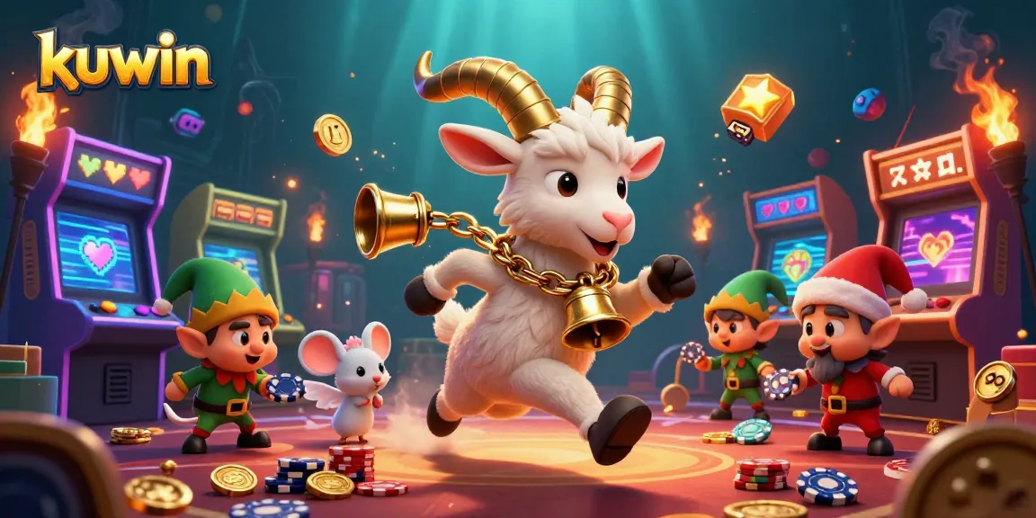 Kuwin showcases a festive casino scene with a Krampus goat and mischievous gremlins amidst colorful gaming elements.