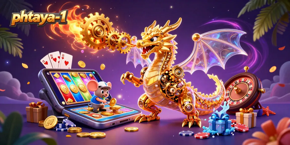 Phtaya-1 offers an engaging glimpse into gaming with a golden dragon interacting with slots and cards.