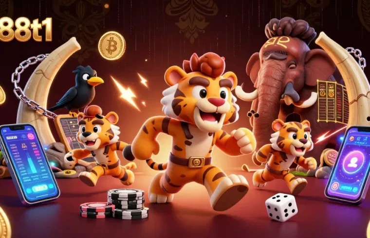 Engage in thrilling action at dn88t1 with a vibrant illustration of cavemen and crypto elements.