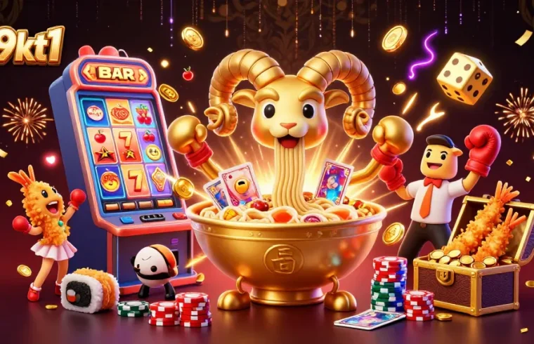 Engage with 789kt1's vibrant 3D casino scene showcasing a golden ramen bowl dealer amidst explosive jackpots.