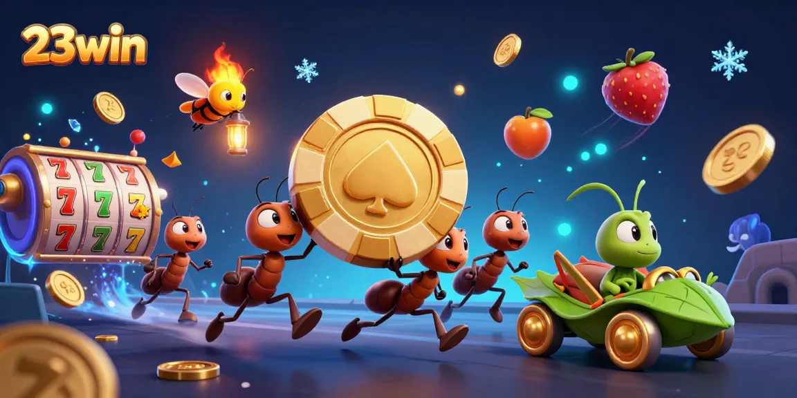 Celebrate big wins with 23win in a vibrant slot heist scene featuring playful ants and dynamic slot elements.