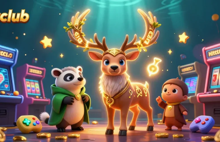 Hitclub showcases a dynamic gaming scene with a druid stag, badger, and colorful casino elements.