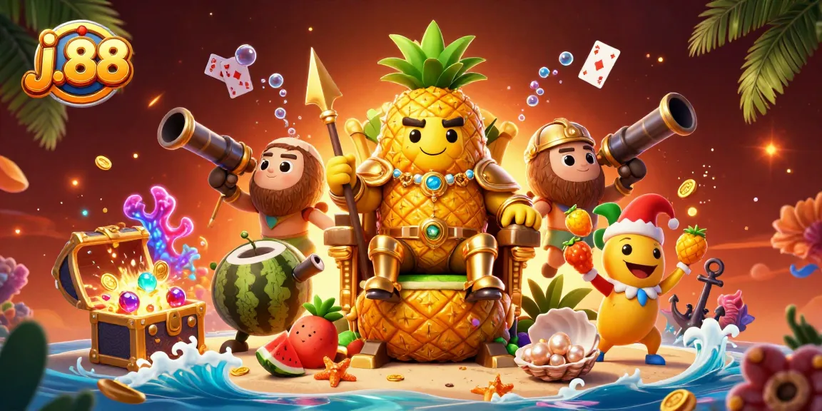 Engage with j.88's vibrant beach casino scene featuring a golden pineapple king and lively characters.
