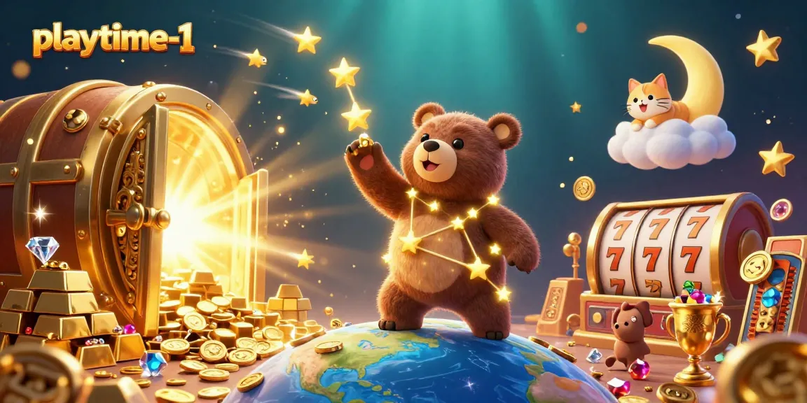 Experience the thrill of playtime-1 as the constellation bear scoops up coins in a vibrant casino scene.