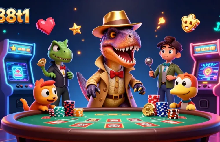 Experience the excitement of qs88t1 with a velociraptor at blackjack amidst vivid casino elements.