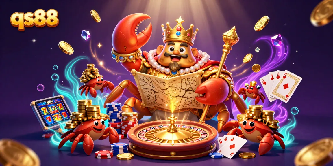 Experience thrilling qs88 gaming with a golden crab emperor amidst lively casino elements.