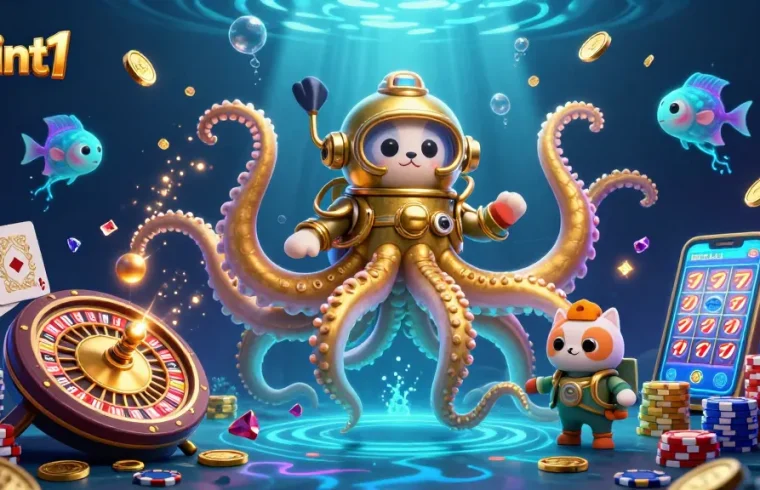Engage with llwint1's vibrant 3D casino scene showcasing a colossal kraken, diving cat, and bioluminescent fish.