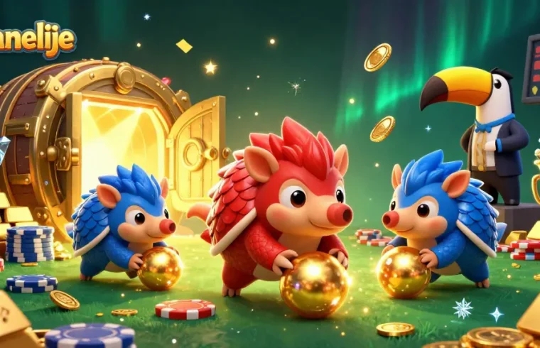 Engage with foganelije's vibrant 3D scene featuring pangolins in a dynamic casino setup, showcasing excitement and rewards.