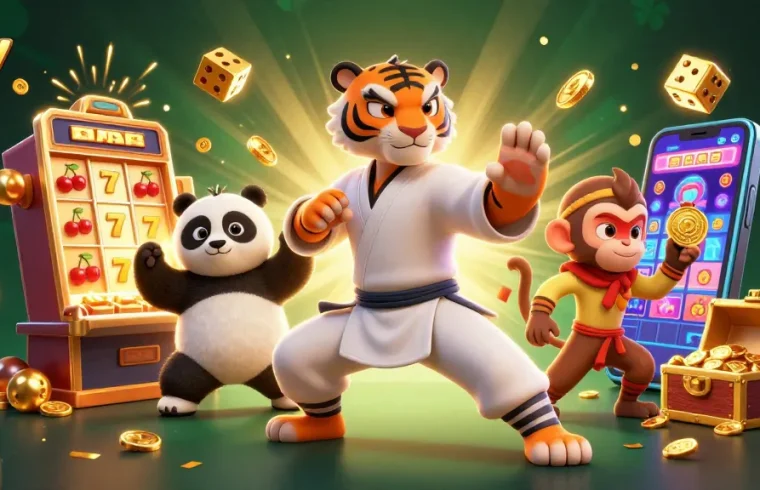 Spin the reels with hay and witness a joyful scene of a kung fu tiger, panda, and monkey amid a jackpot explosion.