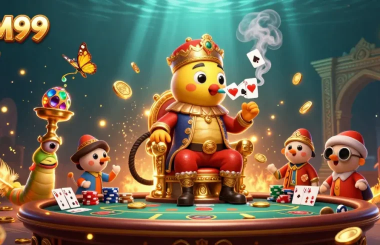 Experience the vibrant MM99 casino world with dynamic poker elements and a captivating caterpillar master.