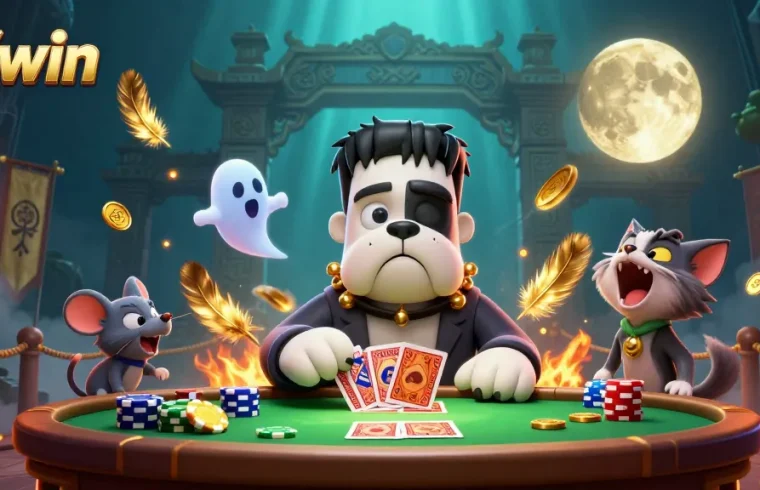 Engage in thrilling gameplay at 23win with a unique 3D cartoon scene featuring a Frankenstein bulldog dealer.
