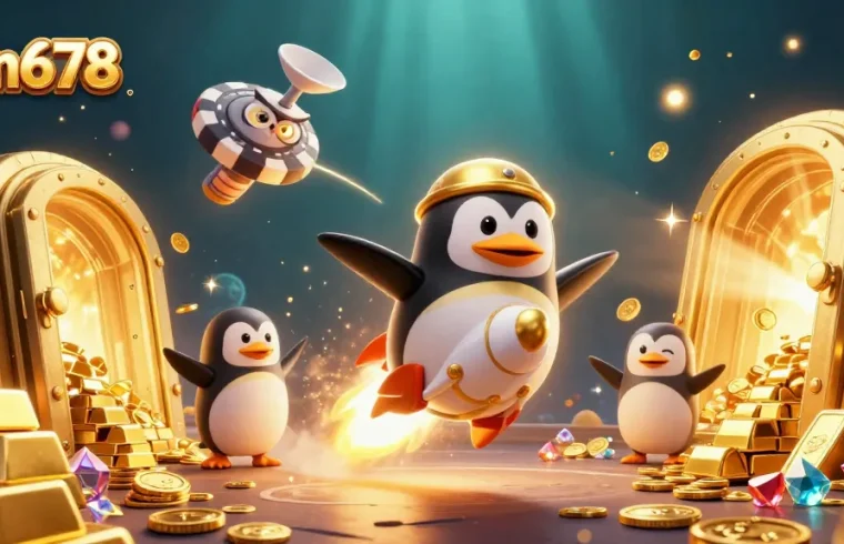 Win678 showcases an exciting casino adventure with a golden penguin and treasure elements.
