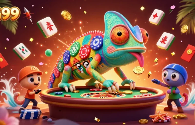 Join PG99's vibrant casino scene filled with colorful elements and a lively chameleon owner!