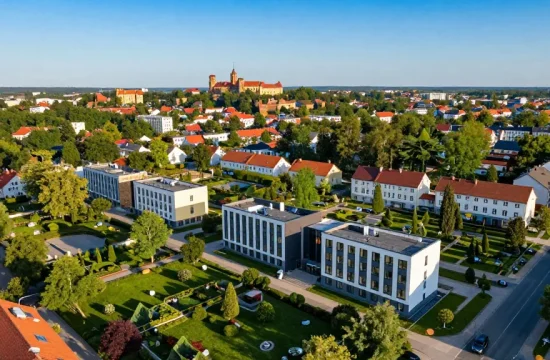 Nieruchomości z drona Olsztyn prezentujące różnorodne budynki mieszkalne w otoczeniu zieleni.