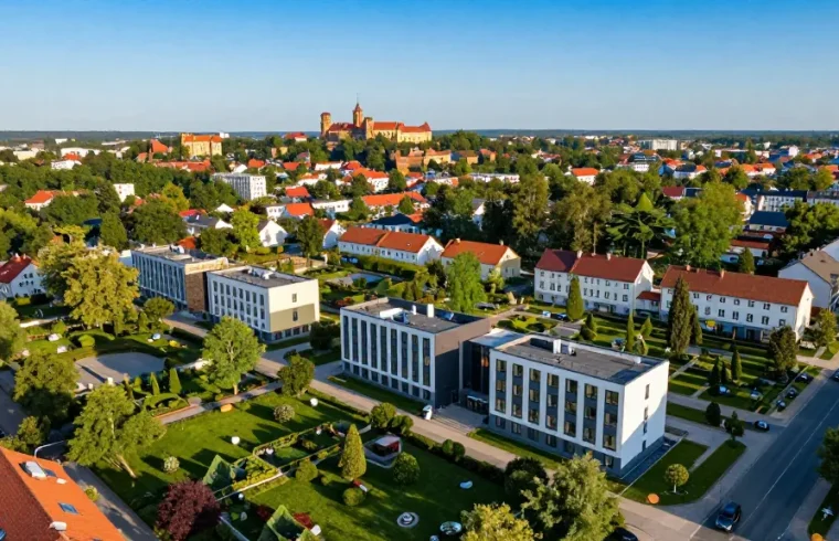 Nieruchomości z drona Olsztyn prezentujące różnorodne budynki mieszkalne w otoczeniu zieleni.