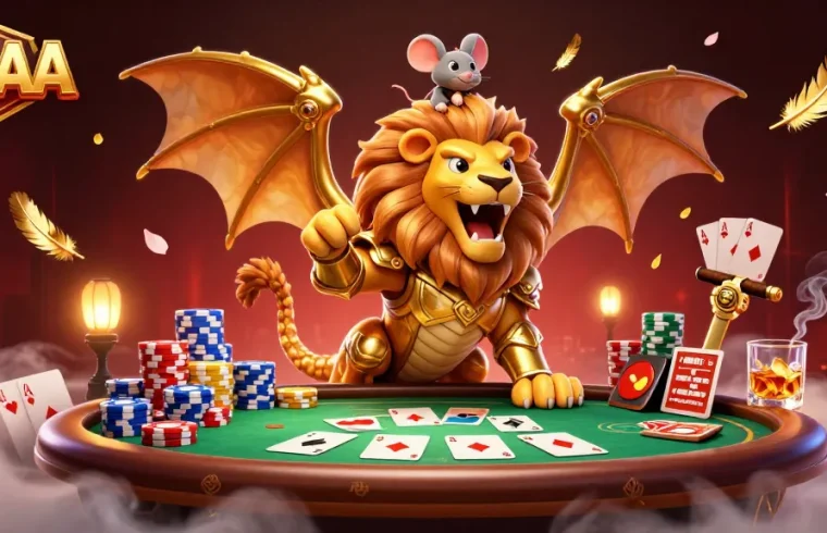 Experience triumphant play with 88AA's dynamic casino scene featuring a chimera and poker elements.